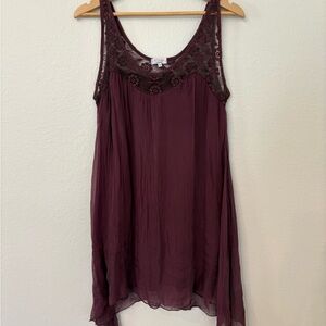 H Trend Made in Italy Burgundy Lagenlook Lace Trimmed Silk Boho Romantic L Tunic